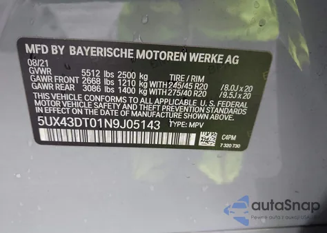2022 BMW X4 M40I z USA, uszkodzony, nr VIN 5UX43DT01N9J05143